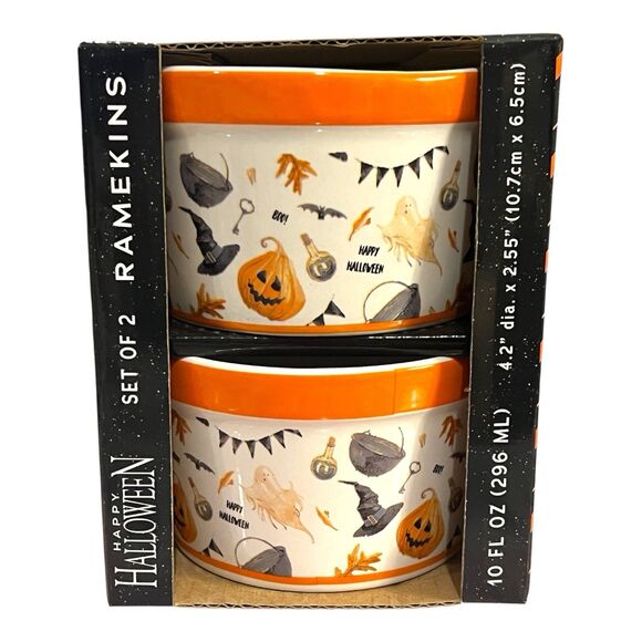 Whimsical Halloween Ramekins (2) Decorated W Bats Ghosts JackOLanterns Witch Hat - Picture 1 of 7